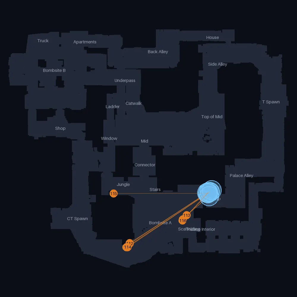 Mirage CT smokes landing near T Ramp, lineups 109 to 116