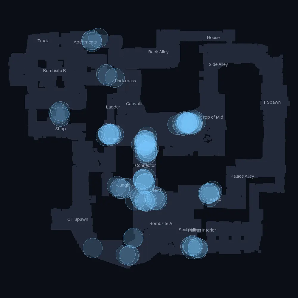 Top-down diagram of Mirage showing where smokes land