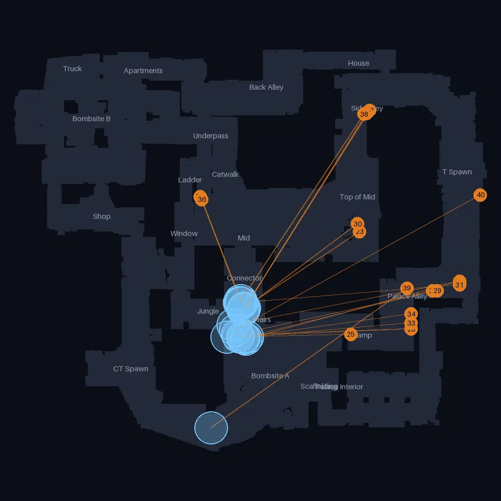 Mirage T smokes landing near Bombsite A, lineups 22 to 40