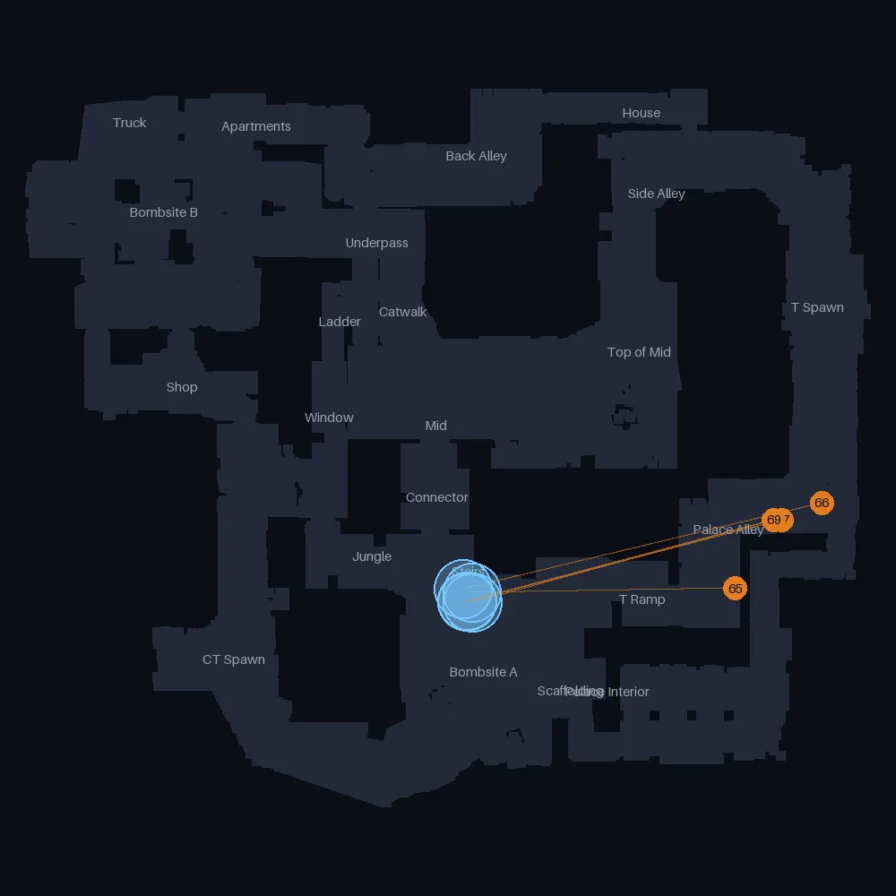 Mirage T smokes landing near Stairs, lineups 65 to 69